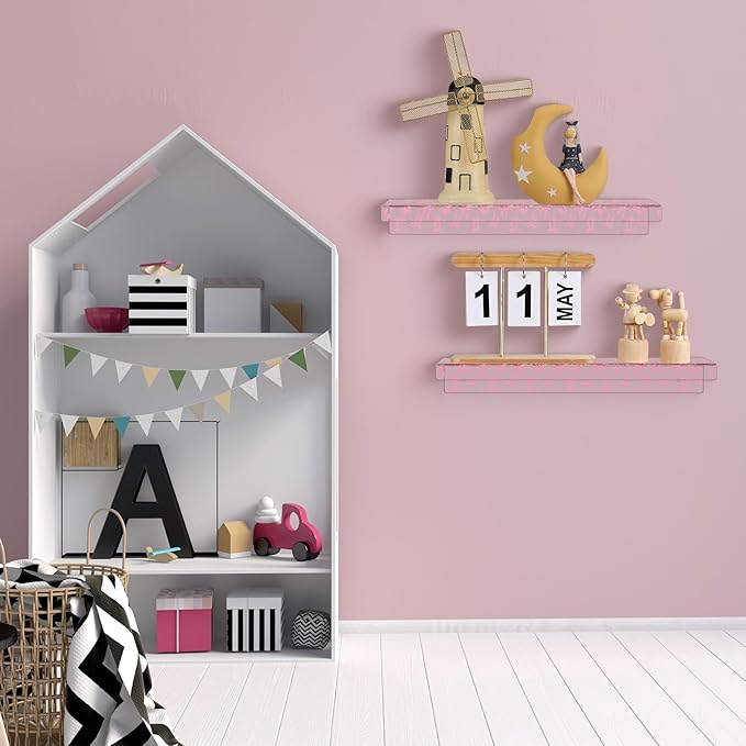 Honeydak 2 Pcs Pink Bow Acrylic Floating Shelves 15 Inch Coquette Acrylic Wall Shelves Pink Bow Display Wall Mounted Bookshelf for Bathroom Bedroom Living Room Kitchen Room Decor