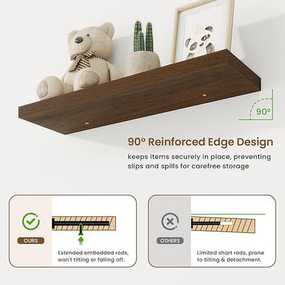 32in Floating Shelves for Wall, 32"W x 9.25"D x 1.25"H, 2 Pack Long Wall Mounted Engineered Wood Shelves with Invisible Brackets for Living Room, Bedroom, Bathroom, Kitchen Decor and Storage, Walnut