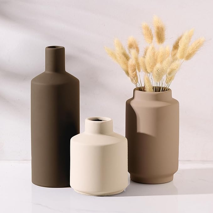 Ceramic Vase Set of 3 Terracotta Brown Beige, Modern Small Flower Vases for Home Decor, Boho Farmhouse Rustic Decorative Vases for Living Room Table Shelf Kitchen Bedroom Centerpieces