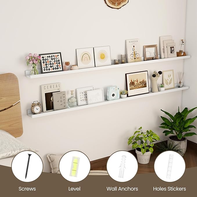 Axeman 72 Inch Floating Shelves | Picture Ledge Shelf Set of 2 | White Wall Shelves with Lip | White Picture Shelf for Wall with Ledge | Photo Ledges 72 Inch