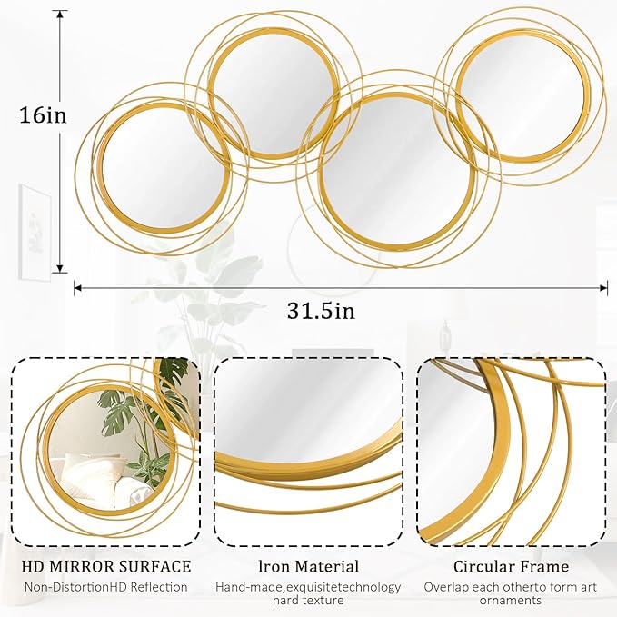 4 Pack Gold Circle Mirror Set, Wall Metal Framed Mirror Modern Glass Decorative Mirrors for Living Room Bedroom Entryway Home Decor 16x32 Inch