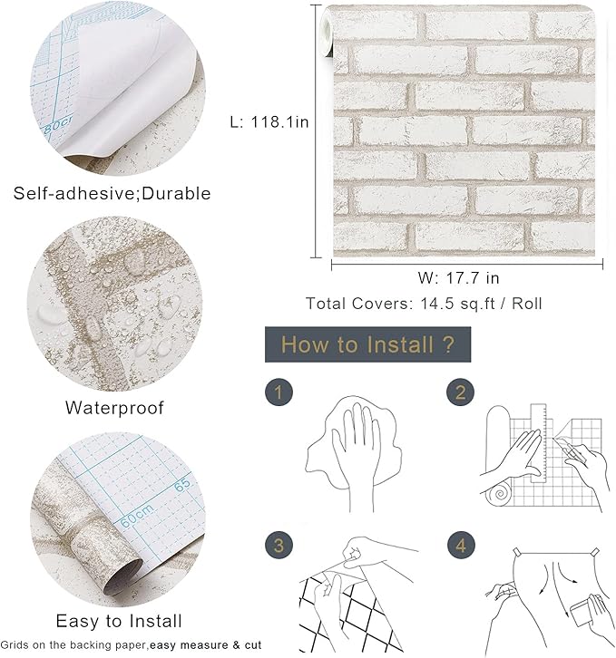 Timeet Beige White Brick Peel and Stick Wallpaper 17.7