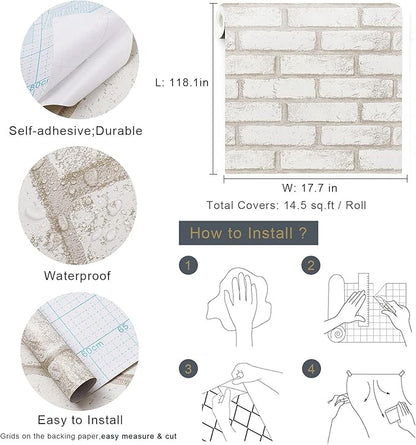 Timeet Beige White Brick Peel and Stick Wallpaper 17.7"×118.11" Faux Brick Wallpaper Self Adhesive Removable Wall Ppaper for Living Room Bedroom Decoration Vinyl Film Roll