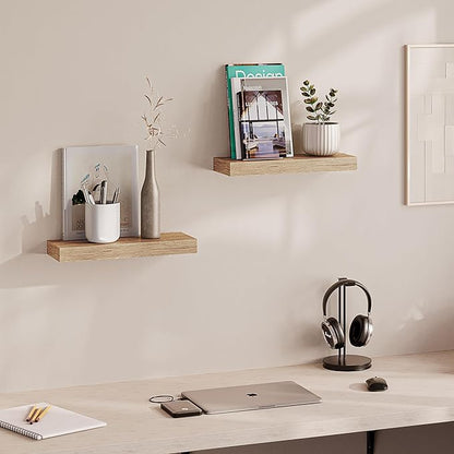 Ballucci Floating Shelves, 16" Wood Wall Shelf Set of 2, Invisible Brackets Floating Shelf Bathroom Wall Decor, Living Room, Bedroom, Kitchen, Nursery, 6" Deep, Natural Oak