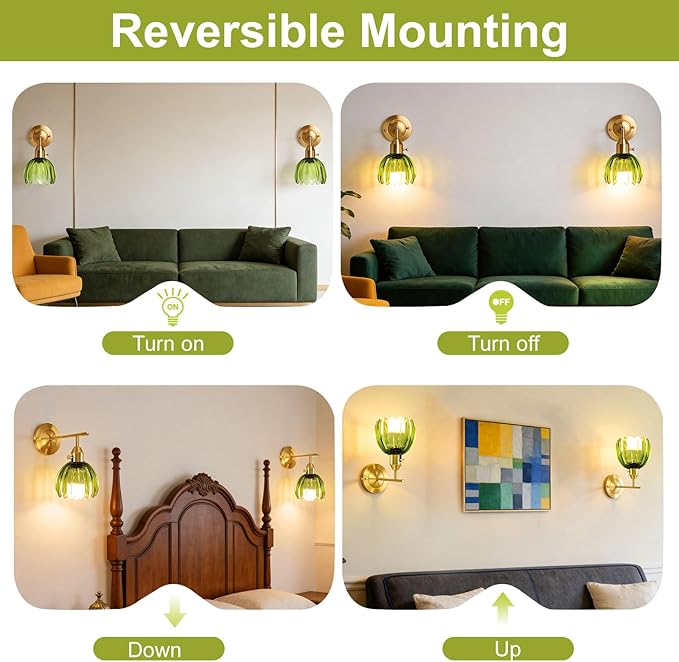 Vintage Gold Wall Sconces with Green Tulip Glass Lampshade, Hardwired and Wireless Wall Lamp (2 Usage Methods), Brass Sconces Hradwired Modern Wall Light Fixture for Bedroom Living Room