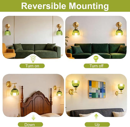 Vintage Gold Wall Sconces with Green Tulip Glass Lampshade, Hardwired and Wireless Wall Lamp (2 Usage Methods), Brass Sconces Hradwired Modern Wall Light Fixture for Bedroom Living Room