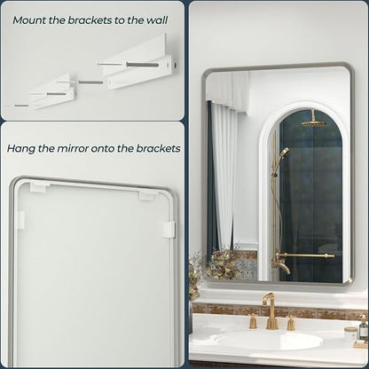 OKPAL 20 x 28 Inch Silver Bathroom Mirror, Rounded Rectangle Silver Vanity Mirror, Beveled Brushed Nickel Framed Mirror for Wall, HD Glass, Anti-Rust Aluminum Alloy Mirror