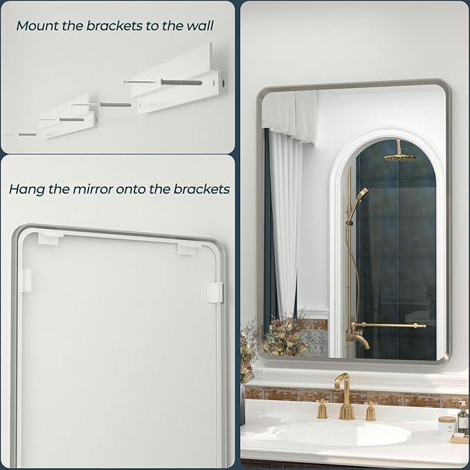 OKPAL 30 x 36 Brushed Nickel Bathroom Mirrors for Over Sink, Rounded Rectangle Bathroom Vanity Mirror, Brushed Silver Framed Farmhouse Mirror, HD Tempered Glass Wall Mirror(Horizontal/Vertical)