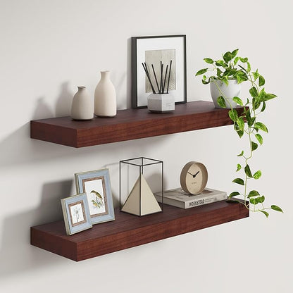 Fun Memories 9 Inch Deep Floating Shelves, Rustic Solid Wood Floating Shelf 30 Inch Long, 30 x 9 Wide Bathroom Shelves for Storage & Display, Red Brown
