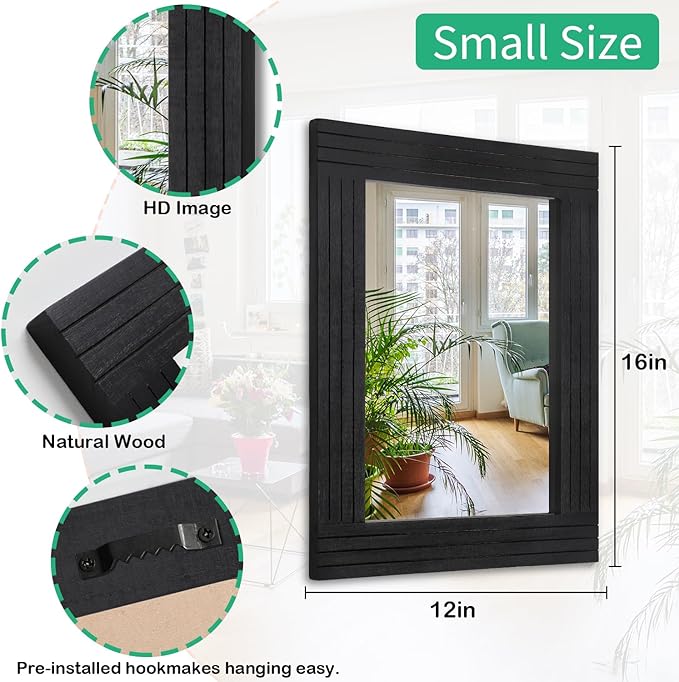 Black Vintage Rustic Wood Framed Wall Mirror Farmhouse Rectanglular Antique Decor Hanging Mirror for Bathroom Bedroom Living Room Entryway Large 16