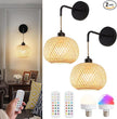 Battery Operated Wall Sconce Set of Two, Bamboo Rechargeable Boho Wireless Sconces with Remote, Dimmable Non-Hardwired Farmhouse Wall Lights for Bedroom Living Room (Black,8 inches)