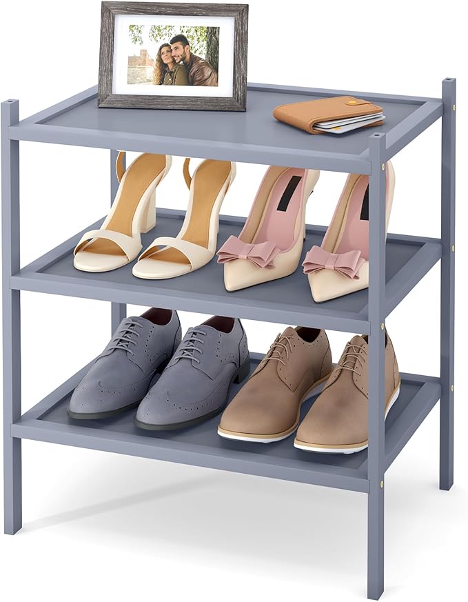 Smiry Bamboo Small Shoe Rack, 3 Tier Shoe Organizer for Entryway & Closet, Stackable Free Standing Storage Shelf for Shoes, Bags & Plants, Grey