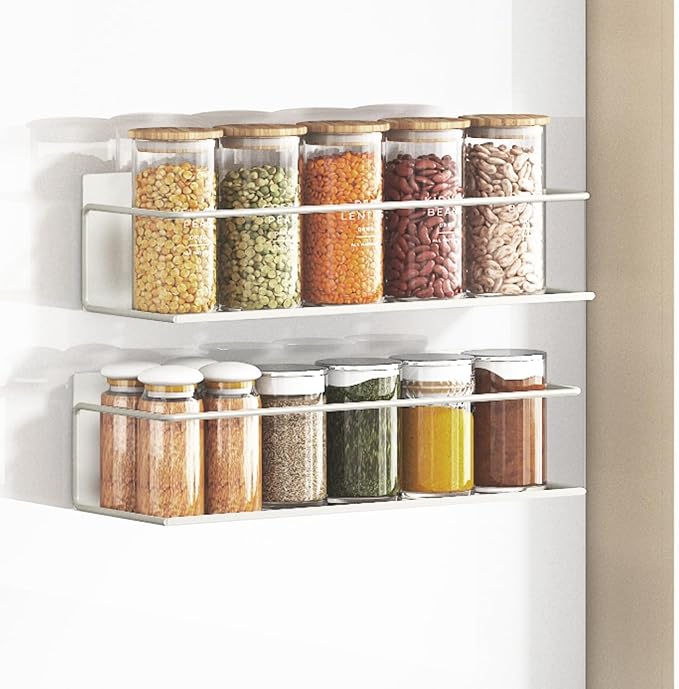 Magnetic Spice Rack for Refrigerator Magnetic Fridge Shelf for Kitchen Spice Organizer Magnetic Shelf for Fridge Space Saving White 2 Pack