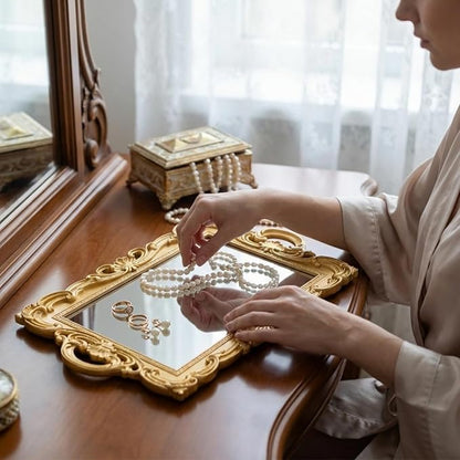 2 Pcs Vintage Decorative Gold Mirror Set Including 12.6" x 9.1" Oval Wall Mirror 15.4" x 9.7" Square Antique Tabletop Makeup Vanity Tray for Bedrooms Room Dresser Decorations(Gold)