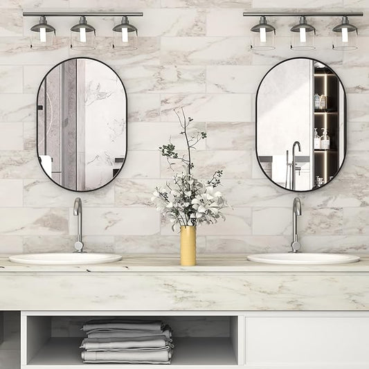 2 Piece Oval Bathroom Mirror Capsule Wall Vanity Mirror, 20"x30" Pill Mirrors Wall Mounted Mirror, Large Modern Mirror with Black Metal Frame, Decor for Entryway, Bedroom, Living Room