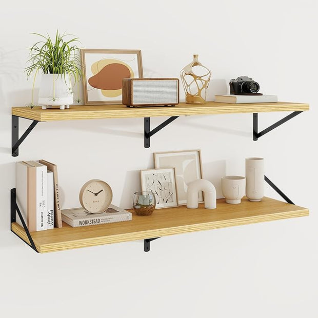 Floating Shelves, 12 Inch Deep Rustic Wood Wall Storage, 48W x 12D Wall Shelves Set of 2, Heavy Duty Metal Brackets, Large Industrial Book Shelf for Living Room, Kitchen, Bedroom, Oak