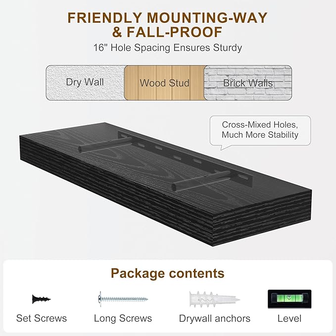 Fun Memories Floating Shelves for Wall, 24Inch Floating Shelves Set of 2, Hanging Shelf with Invisible Brackets, Wood Shelves for Living Room, Bedroom, Kitchen, Black