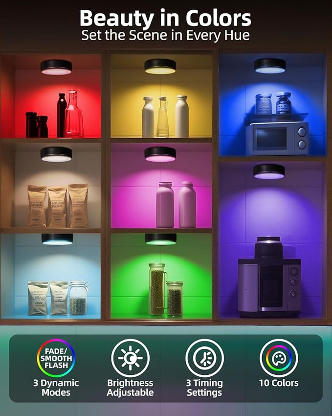 4-Pack Puck Lights with Remote, 1800mAh Rechargeable Under Cabinet Lighting, 3 Color Temps & 7 RGB Colors, Long-Lasting Dimmable Stick-On Lights for Cabinet, Kitchen, Shelf, Party