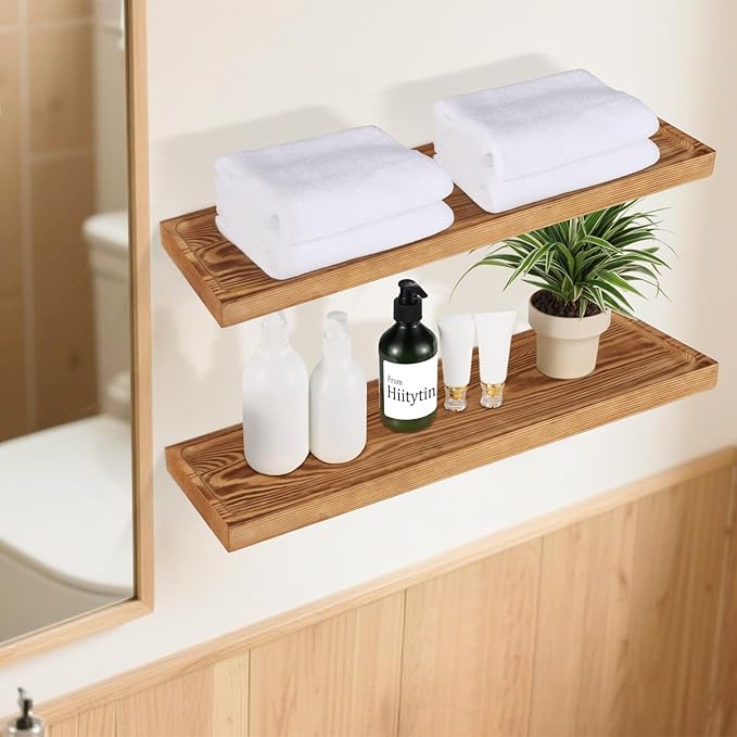 Solid Wood Floating Shelves Bathroom 36 inch Rustic Wall Wood Display Shelves with Grooves Set of 2 Home Decor for Living Room Bedroom Kitchen Farmhouse 36x6.7 inch - Brown
