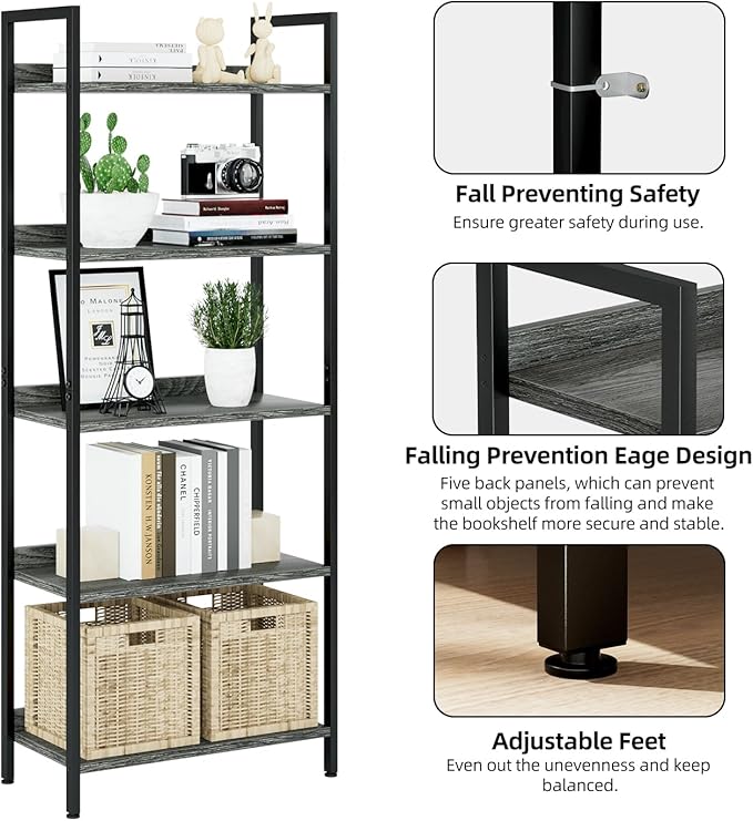 NUMENN Bookshelf, 5 Tier Bookshelves, Home Office Bookcase Shelf Storage Organizer, Free Standing Storage Shelving Unit for Bedroom, Living Room and Home Office, Dark Grey
