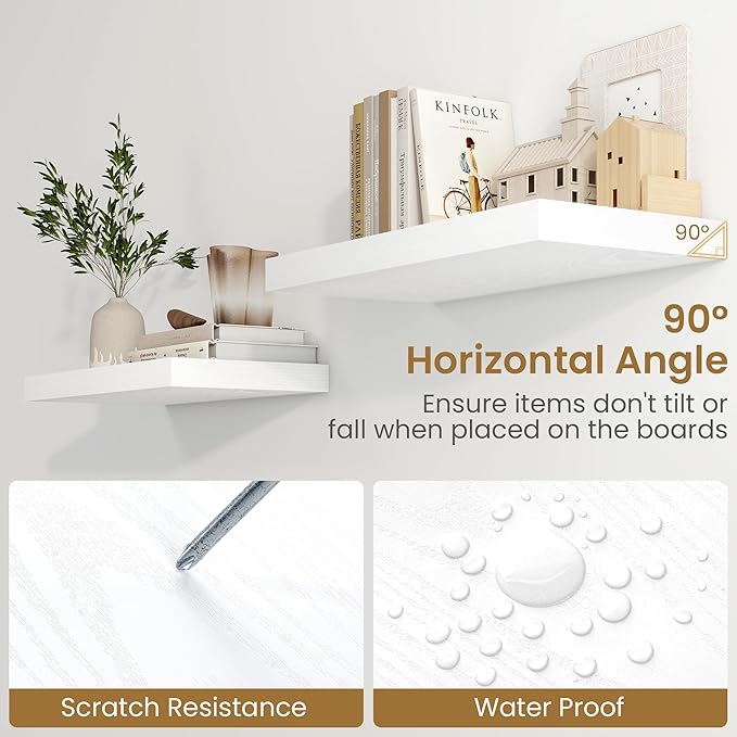 Fun Memories 48 Inch Floating Shelves in White, 9.3 Inch Deep Wall Shelves for Bathroom, Living Room, Bedroom, Kitchen, Deep Long Shelf Wall Mounted 2 Pack Shelf for Books, Decor