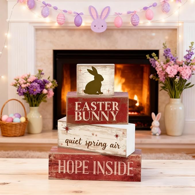 Easter Decorations - Easter Bunny Tiered Tray Decor - Wooden Bunny Tabletop Sign - Rustic Farmhouse Spring Home Decor Indoor for Tiered Tray Shelf Mantel Entryway Coffee Table - Spring Home Decor for Living Room, Kitchen Counter