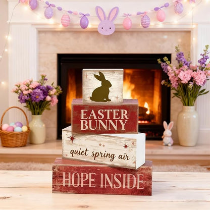 Easter Decorations - Easter Bunny Tiered Tray Decor - Wooden Bunny Tabletop Sign - Rustic Farmhouse Spring Home Decor Indoor for Tiered Tray Shelf Mantel Entryway Coffee Table - Spring Home Decor for Living Room, Kitchen Counter
