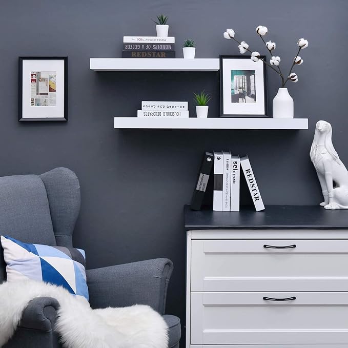 WELLAND 36 inch White Mission Floating Shelves for Wall, Bathroom Wall Mount Shelves, Wood Modern Display Shelves, Book Shelves,for Bedroom,Living Room and Kitchen