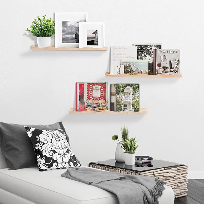 AZSKY Floating Bookshelf for Kids, Cloud Picture Ledge Shelf Natural 23.6 Inches Nursery Book Shelves Set 3, Baby Book Shelf for Kids Room, Toddler Room, Nursery Decor