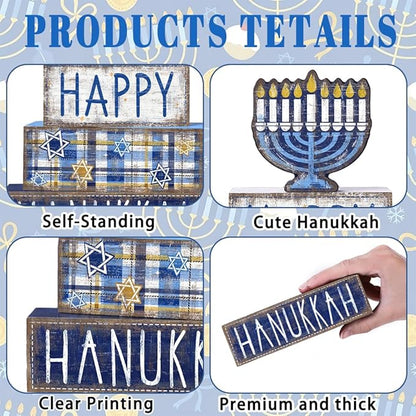 DIYDEC 4Pcs Hanukkah Table Decoration Happy Hanukkah Wooden Block Wooden Menorah Decoration Chanukah Table Centerpiece Sign Jewish New Year Decor for Holiday Gifts Tabletop Fireplace Shelf Desk Party