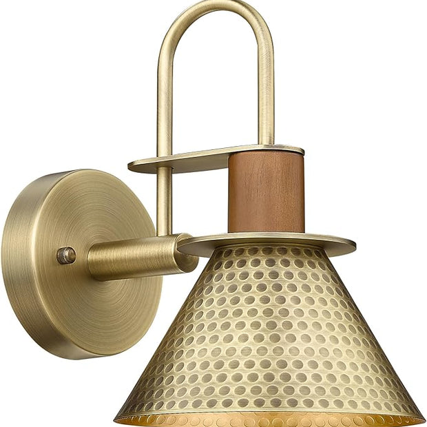 Antique Brass Wall Sconce, HWH Hammered Barn Wall Light Fixtures, 1-Light Single Sconce Vanity Light, Farmhouse Wall Lamp for Bedroom Bedside Kitchen Hallway, Hammered Metal Shade, 5HZG74B-L BG