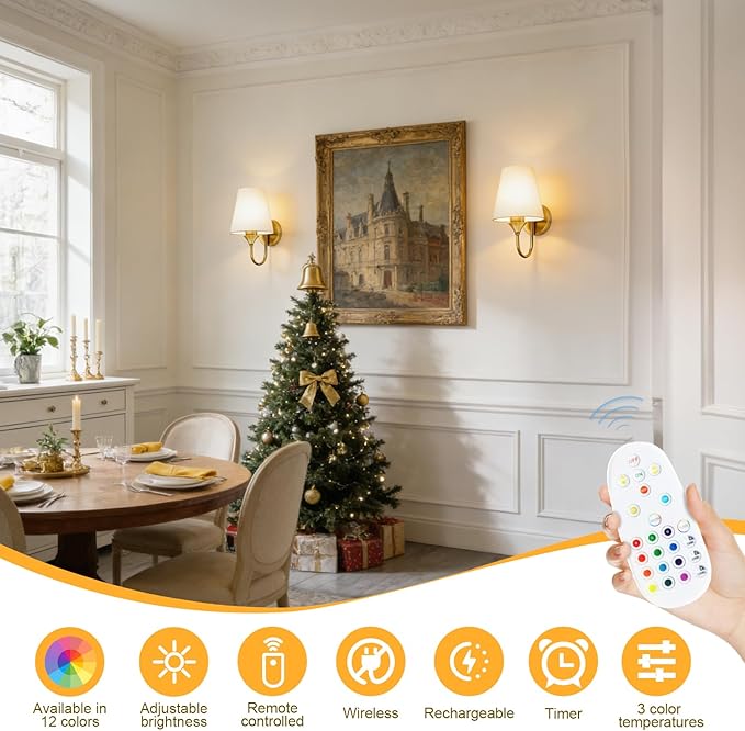 Battery Operated Wall Sconces Set of 2, Gold 10000mAh Rechargeable Dimmable LED Bulb, 15 Colors & Remote, with Fabric for Bedroom Living Room Hallway Staircase Decor