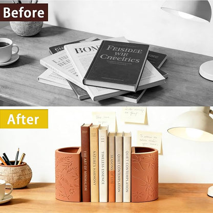 Decorative Bookends, Flower Pot Book Ends for Shelves, Terracotta Kitchen Bookends Novelty Plant Pot Holder, Office Book Shelf Accessories with Funny Indoor Plants Pot