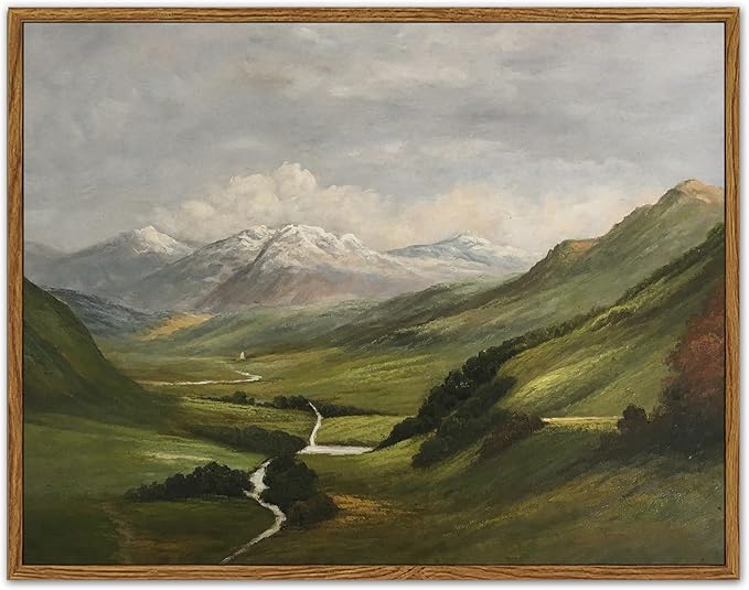 SHENIFY Landscape Vintage Framed Canvas Wall Art Classical Mountain Range Valley Prints Farmhouse Bathroom Office Decor - 11x14in Natural Framed