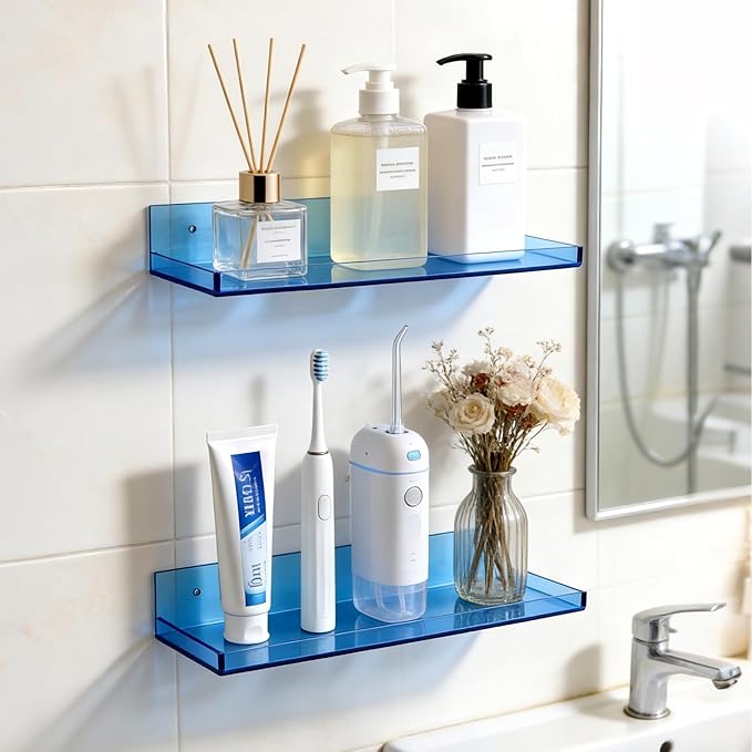 Floating Shelves for Wall Acrylic Wall Shelves for Bedroom Bathroom Living Room Kitchen 16.5X5.5'', Pack of 2, Blue