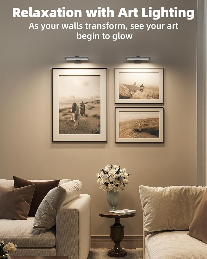 EZVALO Picture Light for Wall, Rechargeable 2400mAh Battery Lights Wireless Remote, 3 Color & Dimmable Magnetic 7.87'' LED Lights Display for Painting, Living Room, Gallery, Bedroom(Black-2P)