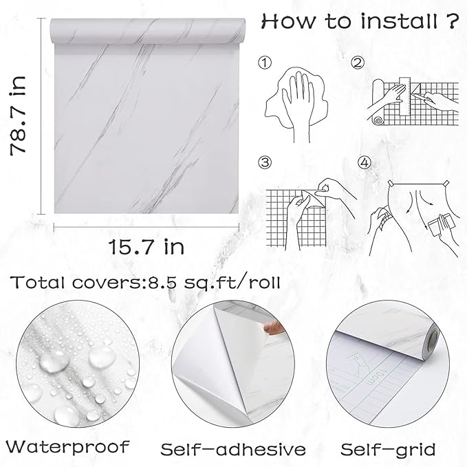 Glossy Marble Contact Paper White Peel and Stick Wallpaper Marble Wallpaper Self-Adhesive Removable 15.7"x78.7" Wall Paper for Cabinets Bathroom Waterproof Wallpapers Modern Decorative