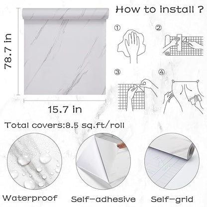 Glossy Marble Contact Paper White Peel and Stick Wallpaper Marble Wallpaper Self-Adhesive Removable 15.7"x78.7" Wall Paper for Cabinets Bathroom Waterproof Wallpapers Modern Decorative