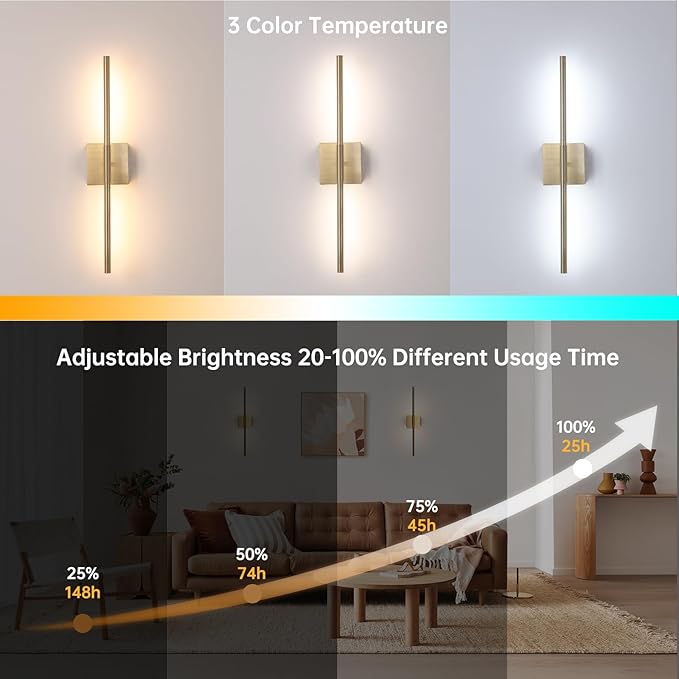 Battery Operated Wall Sconce Set of 2, 8000mAh Wireless Wall Sconces, 3000K-6000K Dimmable, 350°Rotate, Indoor Wall Lights for Bedroom Living Room Bathroom, Gold, 23.6 Inch