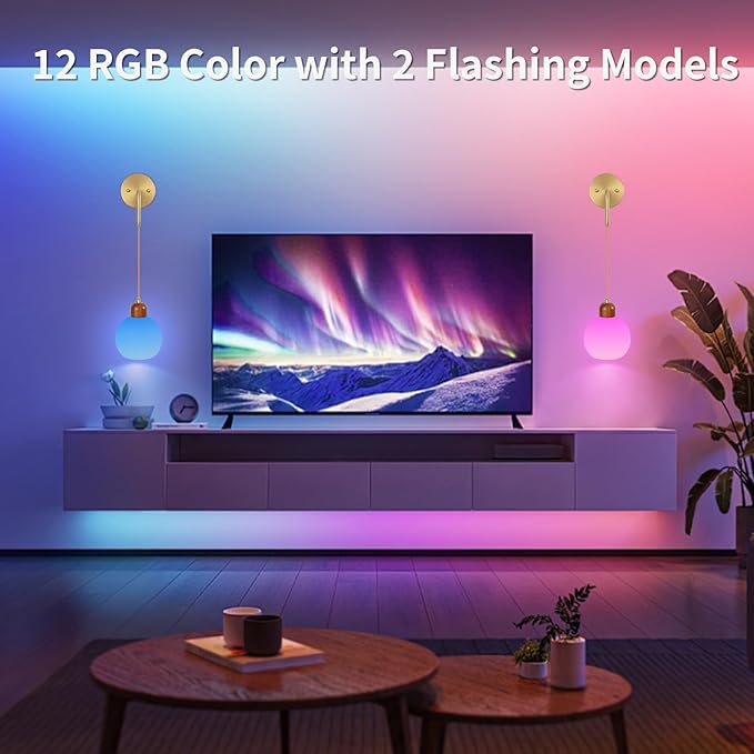 Battery Operated Wall Sconces Set of 2, Gold Rechargeable Wireless Wall Lights with Milky White Shade, 12 RGB and 3CCT Dimmable Wooden Wall Lamps with Remote for Bedroom Living Room Hallway