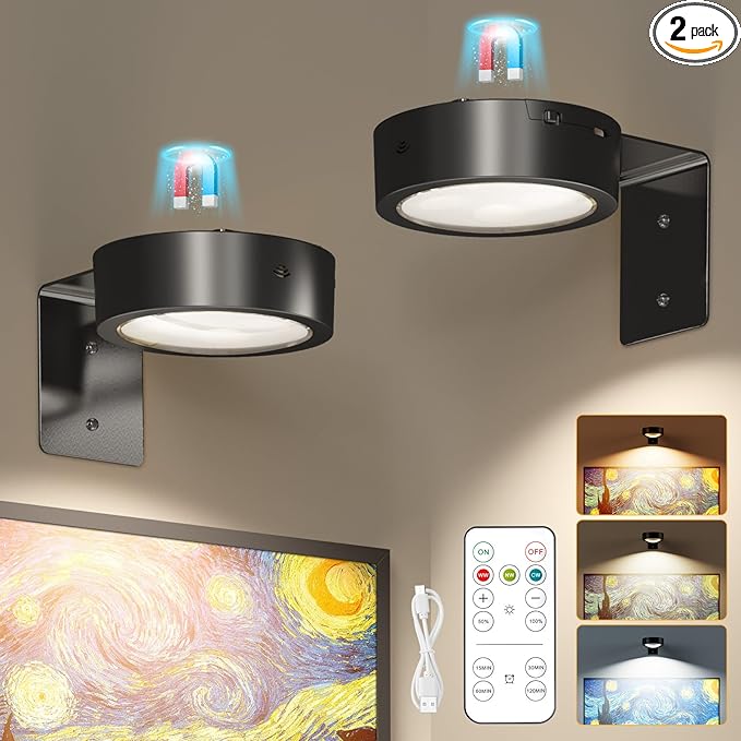 Brightown 2-Pack Picture Lights for Wall, Magnetic Art Display Picture Lights with Remote, 3 Lighting Modes Battery Operated Picture Light, Dimmable & Timer Art Wall Lights for Pictures, Black