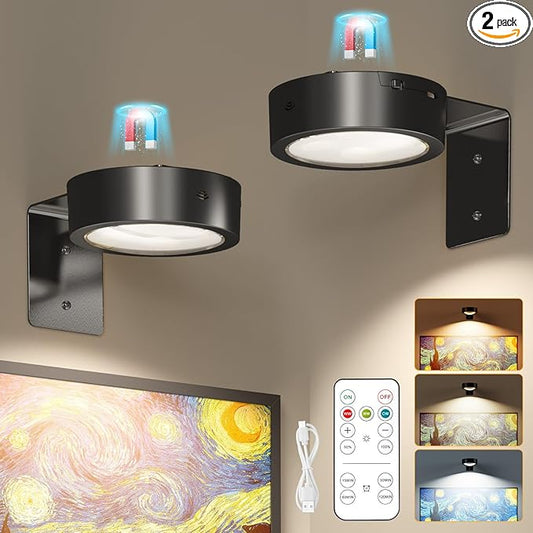 Brightown 2-Pack Picture Lights for Wall, Magnetic Art Display Picture Lights with Remote, 3 Lighting Modes Battery Operated Picture Light, Dimmable & Timer Art Wall Lights for Pictures, Black