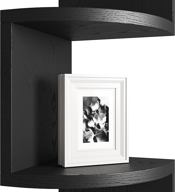 GREENDEW 5-Tier Wall Mount Radial Floating Corner Shelf, Wood Display Storage Shelves for Home Office Decor (Black)