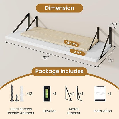 Floating Shelf for Wall,32" WX10 D Wood Floating Shelves with Sturdy Metal Bracket Set of 2,Wall Mounted Hanging Shelf for Bathroom,Bedroom,Kitchen,White