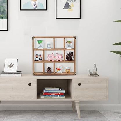 17.7x15.7-Inch Shadow Box Shelf 9-Slot Rustic Wood Floating Shelves Larger Shelf Lightweight Solid Wood Display(9C-Brown)