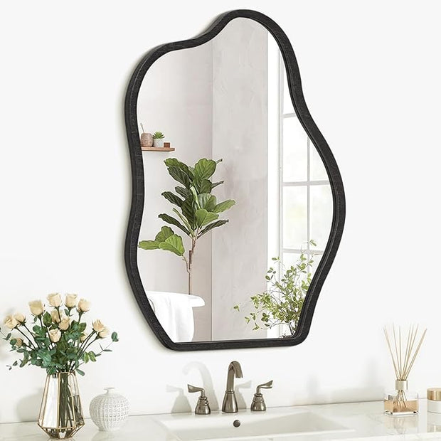 Asymmetrical Irregular Mirror for Wall Wooden Framed Hanging Wall Mirror Cloud Modern Unique Bathroom Wall Mirror Decorative Bedroom Living Room Entryway Hallway Artistic Hanging Mirror