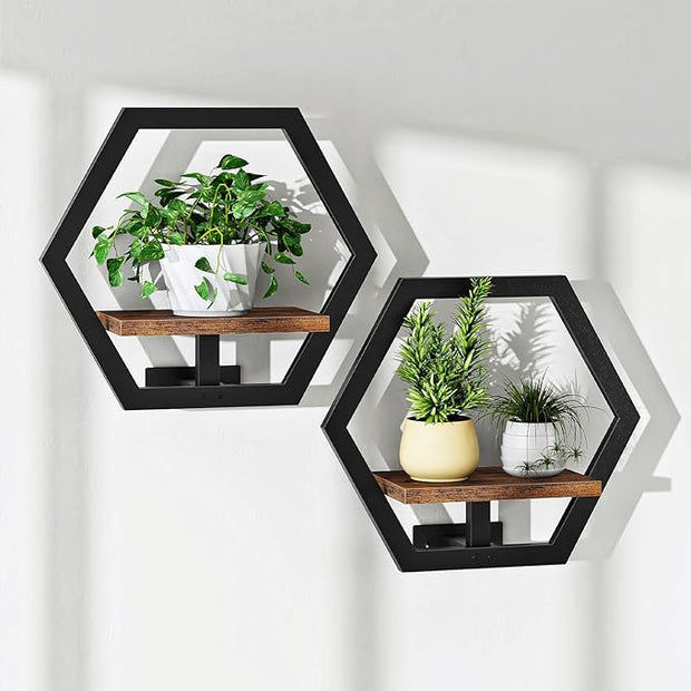 Floating Shelves for Wall, Wall Planters for Indoor Plants Set of 2, Plant Wall Shelf, for Living Room, Bedroom, Kitchen, Home Office, Rustic Brown and Black TBJ40P2BF