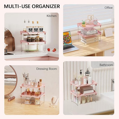2 Pcs Cabinet Organizer Shelf，Stackable Kitchen Counter Shelves, Spice Rack,Countertop Organizers，Pink Plastic Storage Shelves Rack for Makeup，Bathroom, Cupboard，Desk，Pantry Organization
