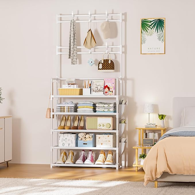 OYREL Shoe Rack 5 Tier Shoe Organizer Storage 15-20 Pairs Shoes Rack for Closet Entrance Shoe Rack Organizer with Hooks and Side Pocket Entryway Shoe Holder Space Saving Free Standing Shoe Racks