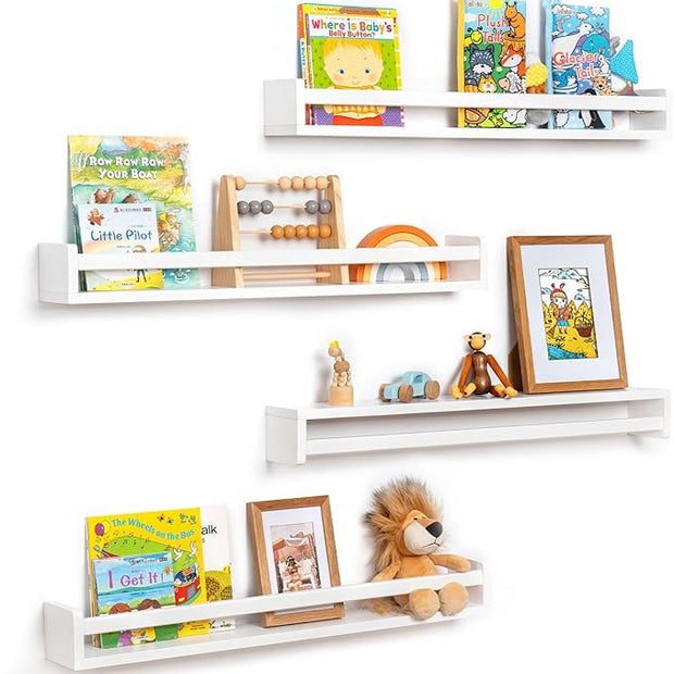 Fun Memories Nursery Book Shelves - Rustic Natural Solid Wood Floating Bookshelf for Kids - Wall Book Shelves for Kids Room (White, 32inch - 4P)